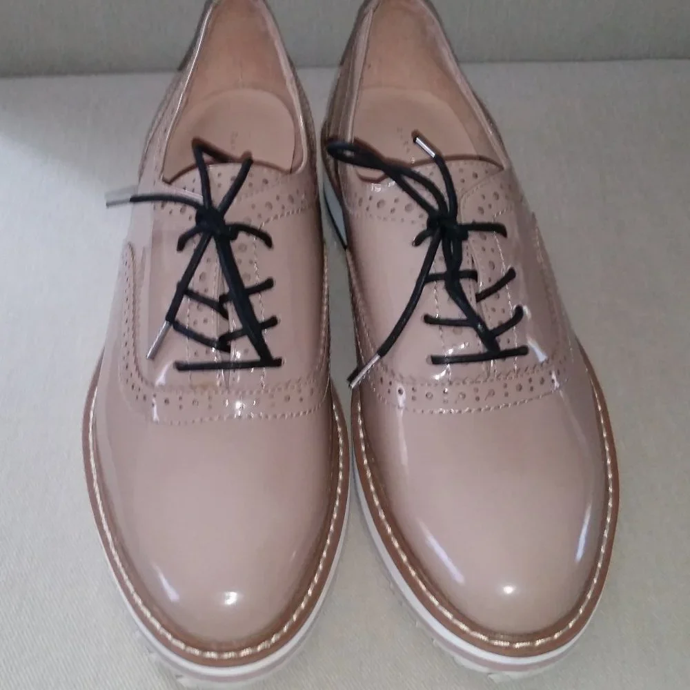 Zara Woman tan patent platform Oxford lace up shoes EUC - Picture 3 of 6